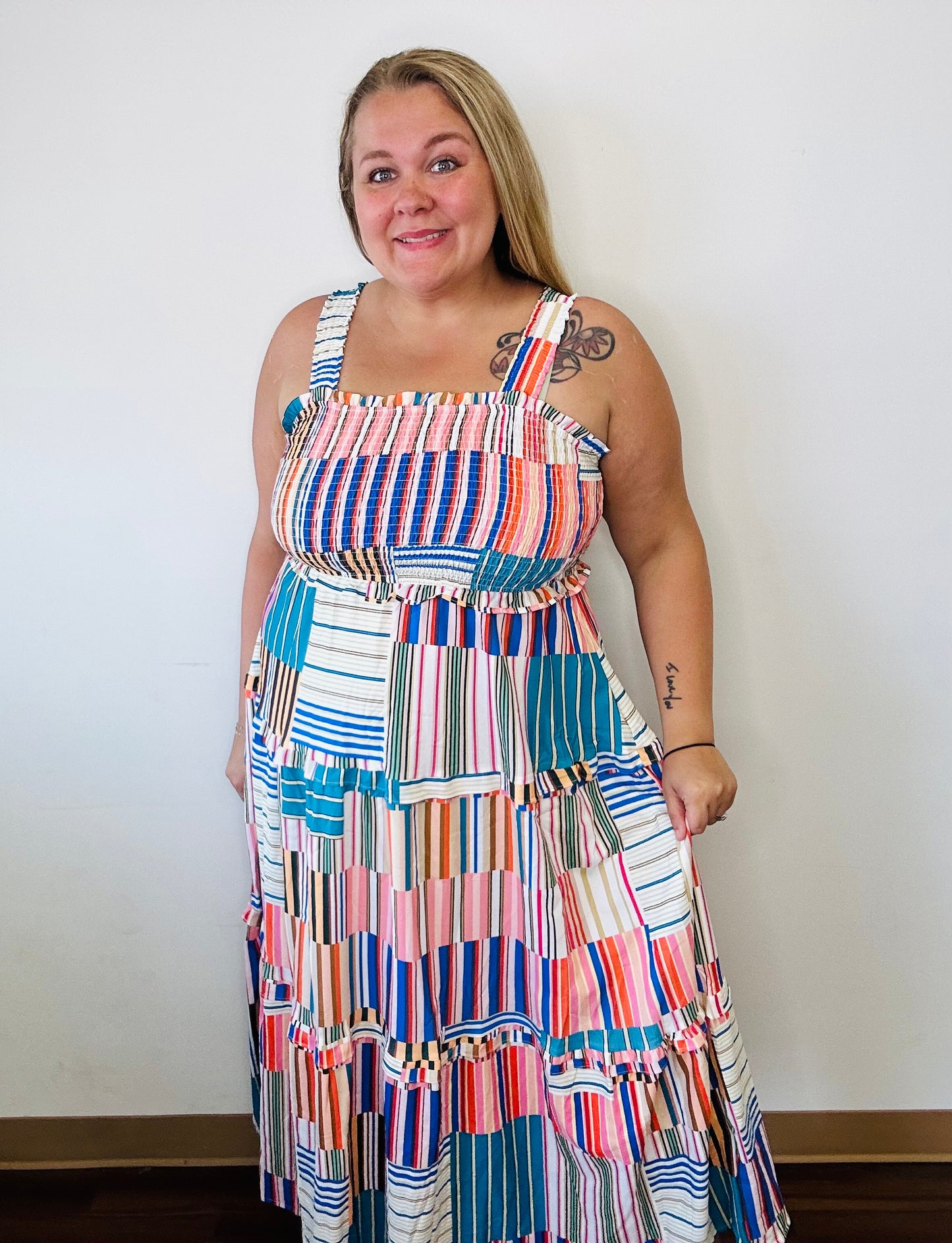 Striped Wide Straps Smocked Tiered Maxi Dress