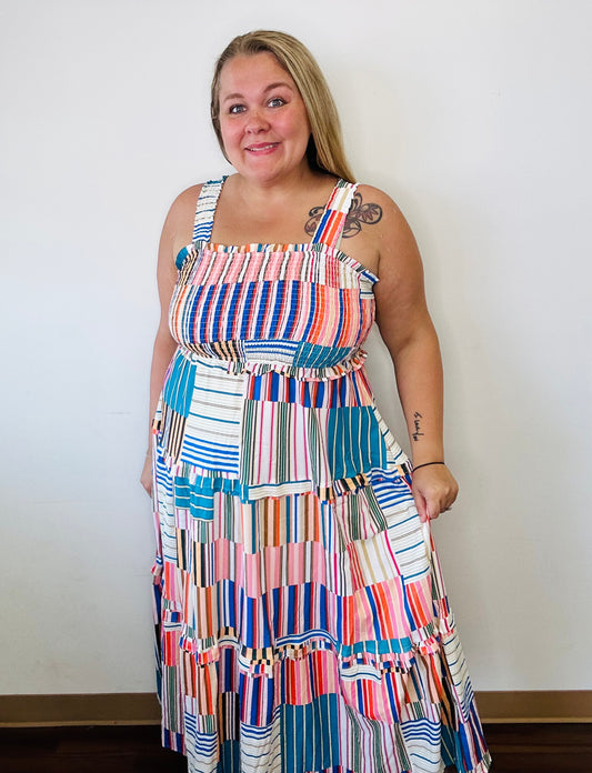 Striped Wide Straps Smocked Tiered Maxi Dress