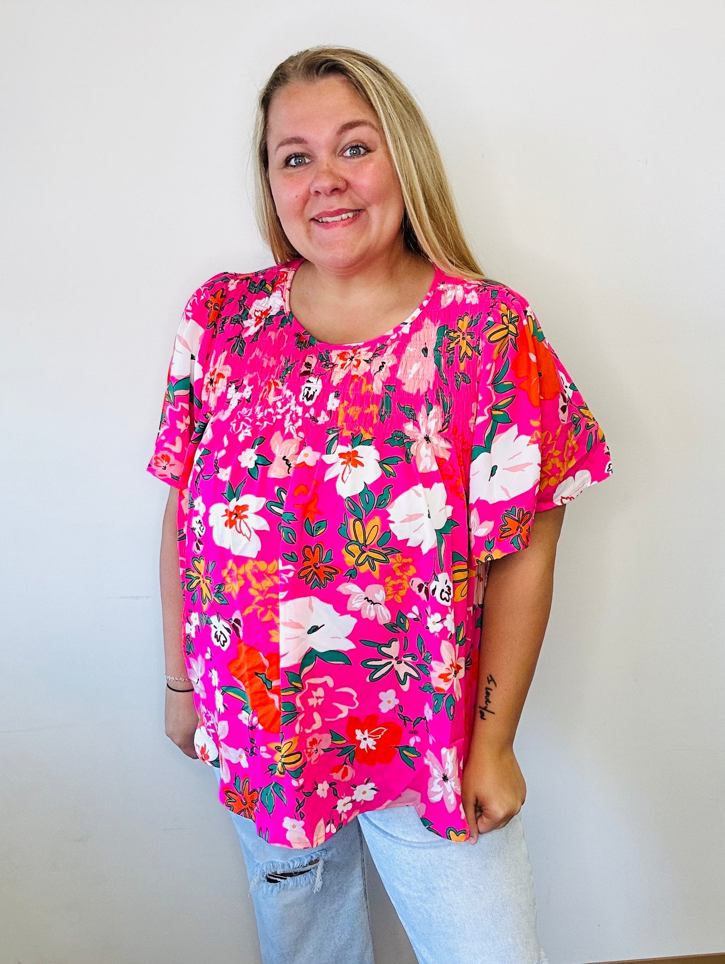 Pink Floral Short Sleeve Smocked Blouse