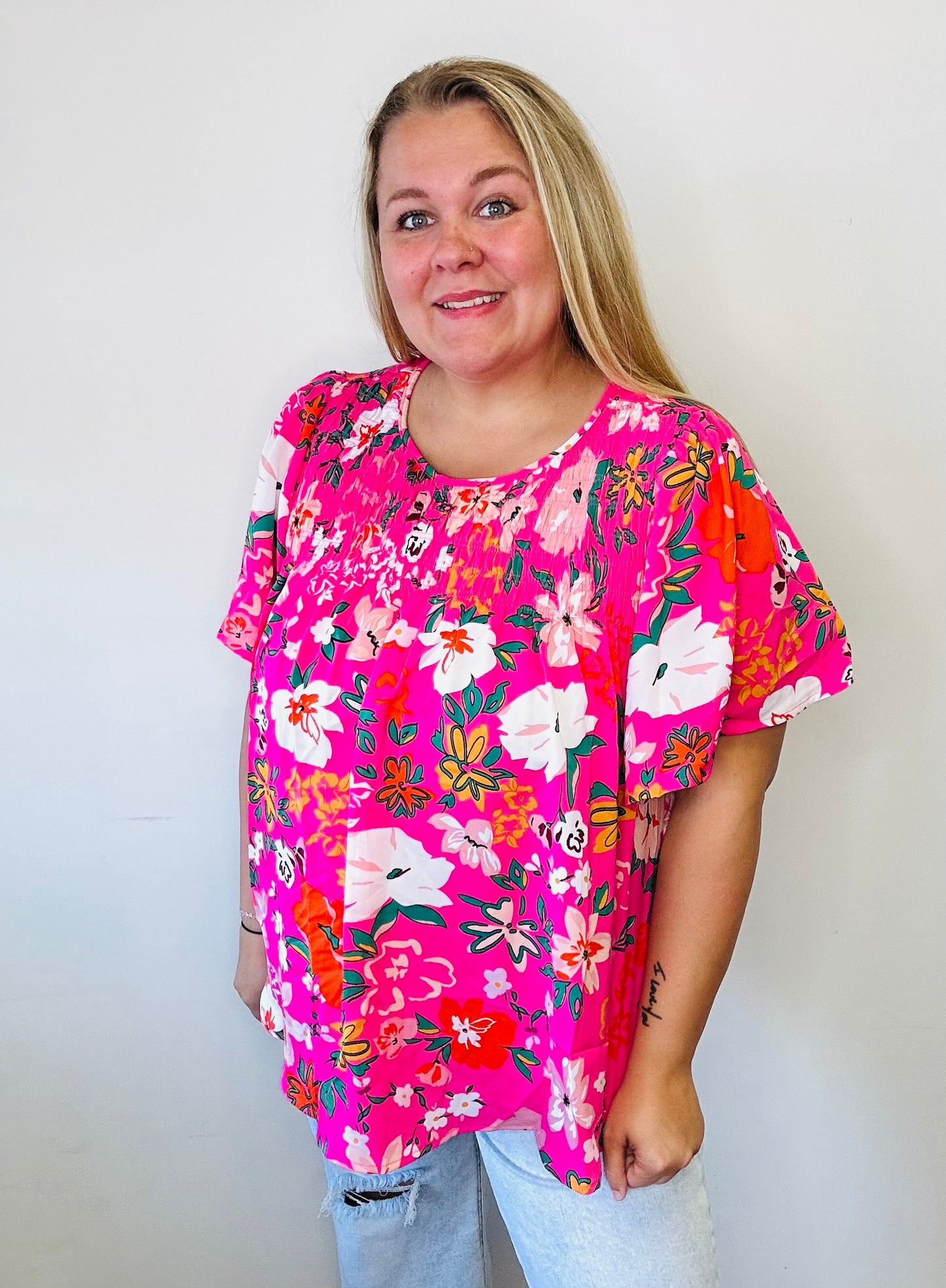 Pink Floral Short Sleeve Smocked Blouse