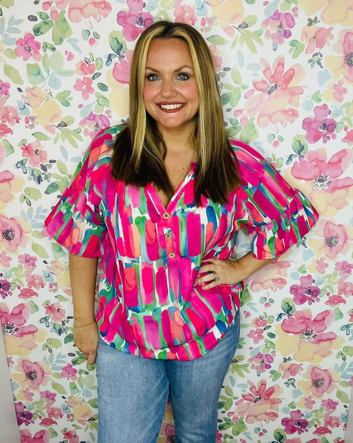 Multi Color Paint Print Ruffled Top