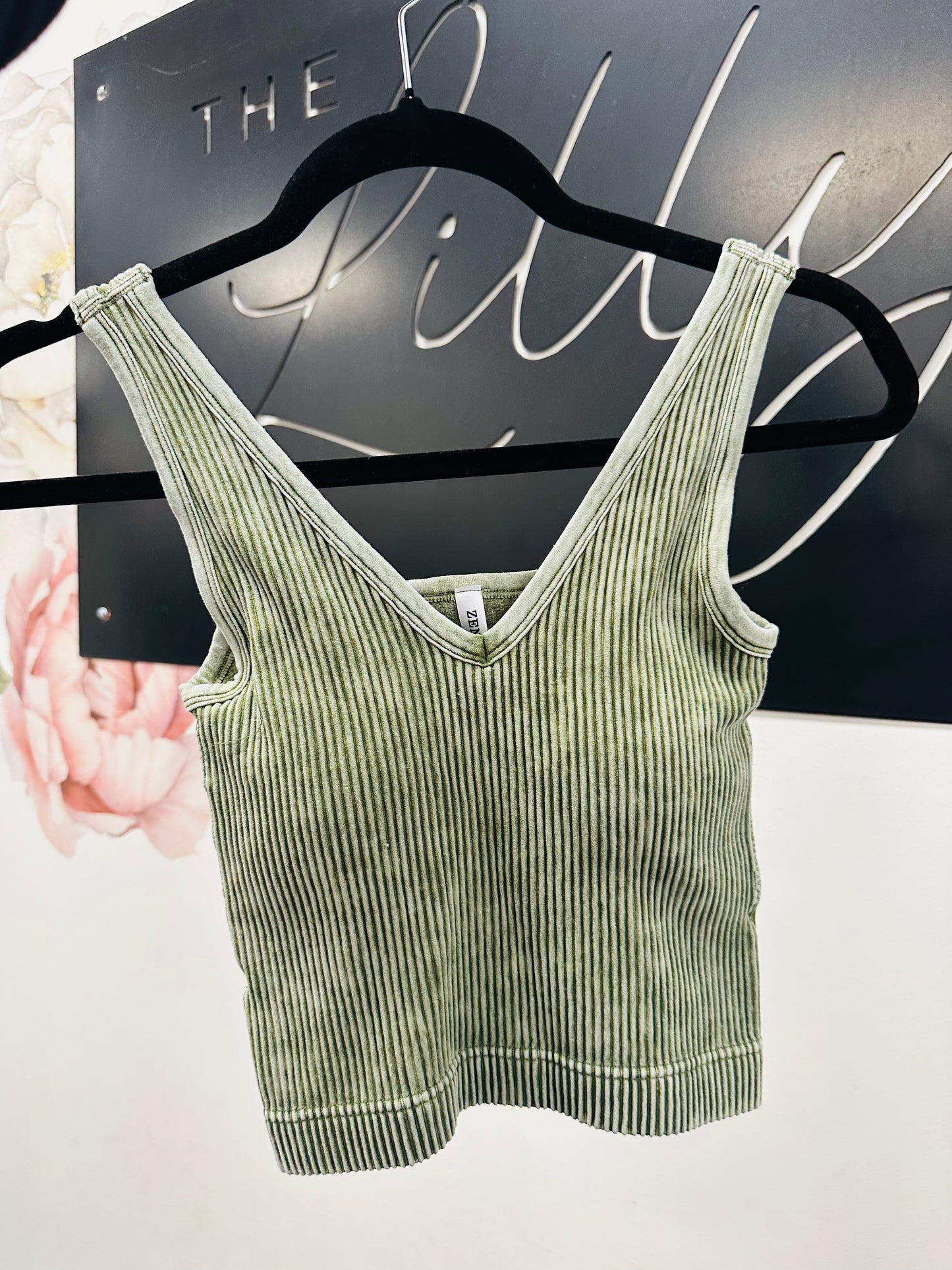 Ribbed Cropped Bra Padded Crop Tank Top - Olive