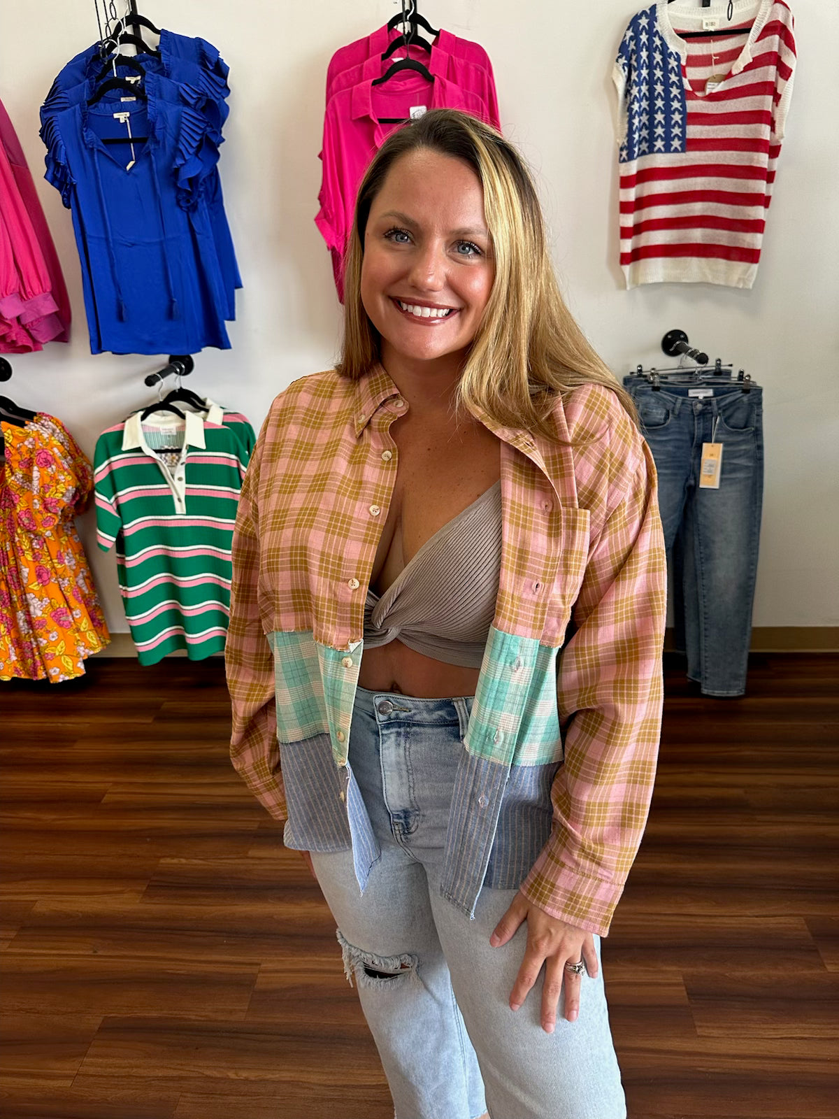 Sassy plaid color block top